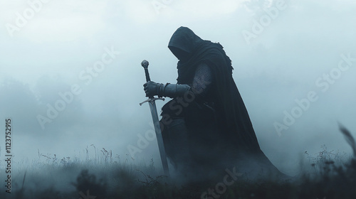 A silent knight cloaked in mist, gripping his sword tightly as twilight hues bathe the surrounding fog.