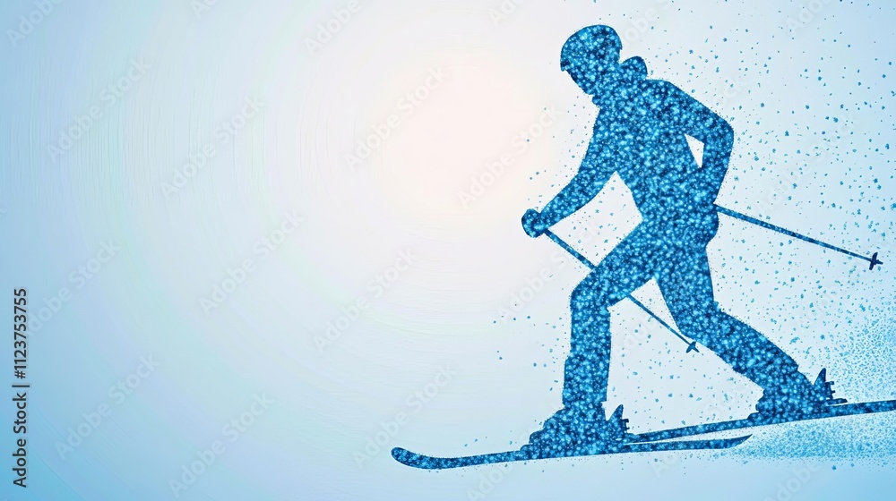 Naklejka premium Abstract skier silhouette made of snow particles, artistic representation, conceptual winter sports imagery