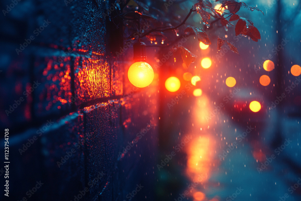 Fototapeta premium Moody Night Scene with Warm Glowing Lights Reflecting on a Wet Wall During Rainfall