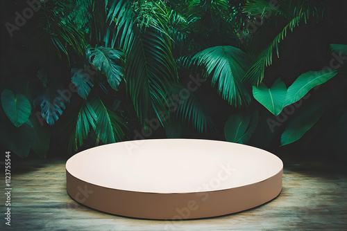 Round podium on wooden floor with lush green tropical foliage backdrop. photo