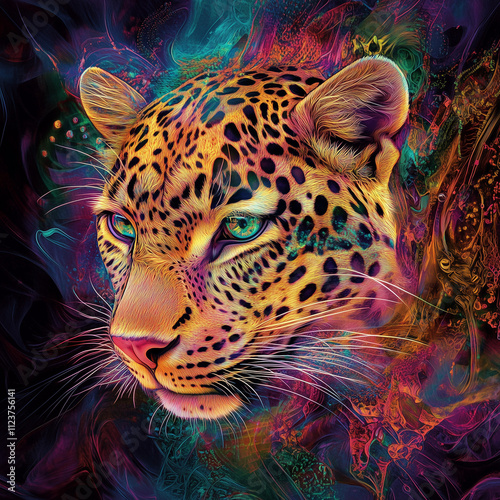 A vibrant abstract leopard print with an expressive look, done in digital art style, using rich colors and patterns.