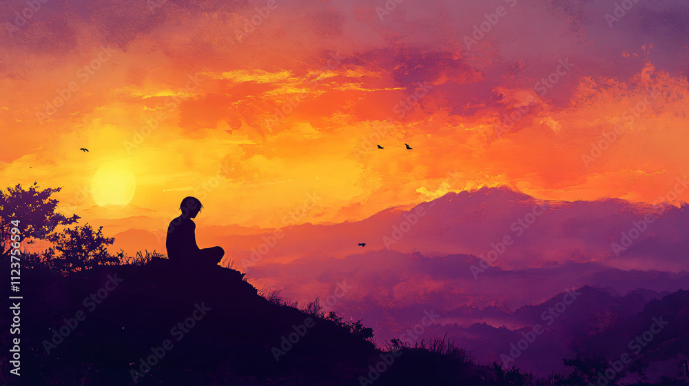 A silhouette on a hillside, gazing into the orange and purple hues of the setting sun, deep in thought.A silhouette on a hillside, gazing into the orange and purple hues of the setting sun, deep in th A silhouette on a hillside, gazing into the orange and purple hues of the setting sun, deep in thought.A silhouette on a hillside, gazing into the orange and purple hues of the setting sun, deep in th