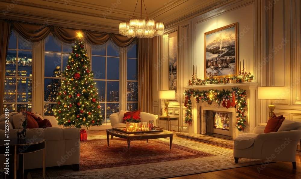 Fototapeta premium Cozy Christmas Living Room with Festive Decorations and Tree