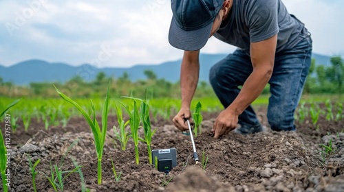 Farmer utilizing soil health sensors to optimize irrigation in sustainable agriculture field rural environment photo