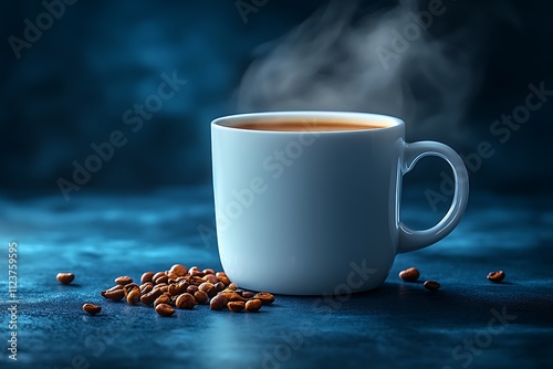 A steaming cup of coffee with coffee beans on a blue background photo