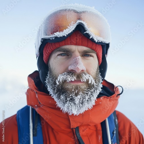 Skier with frost-covered beard, close-up detail, emphasizing endurance in harsh conditions photo