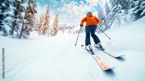 Skier's perspective rushing downhill, motion blur and adrenaline-filled composition