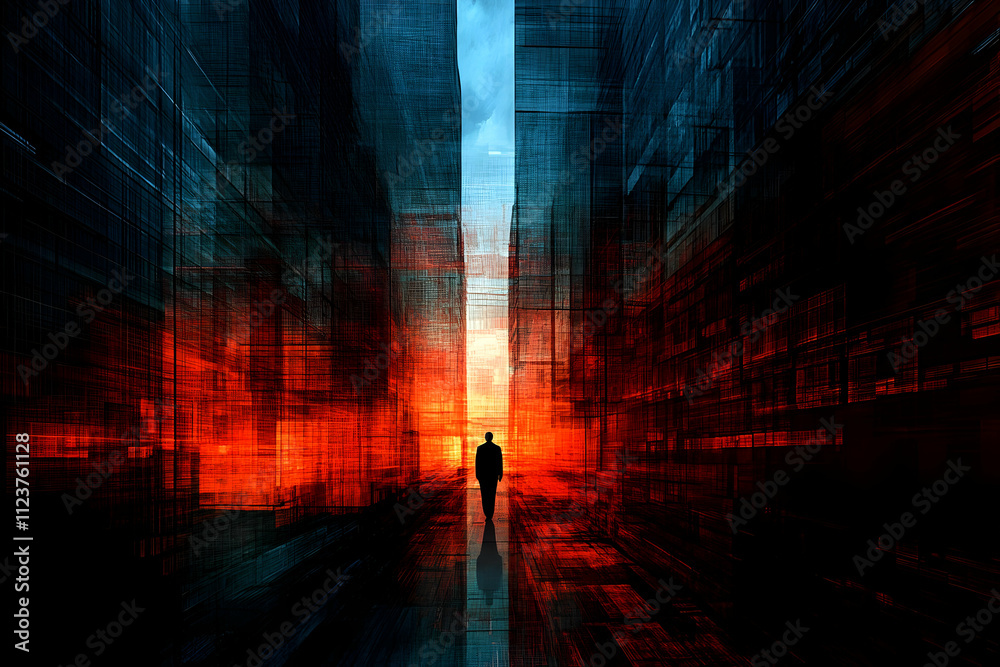 Silhouette of a person walking down a futuristic, fiery city street. Silhouette of a person walking down a futuristic, fiery city street.