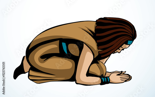 Vector drawing. Egyptian girl bow in praying