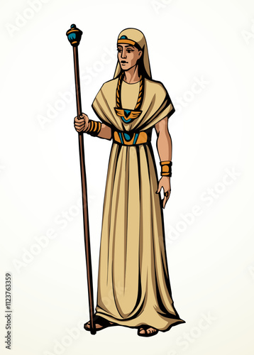 Vector drawing. Egyptian chief with a rod