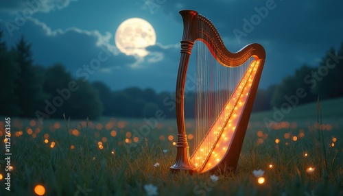 A magical harp strumming itself in a moonlit meadow, its glowing strings forming 'Happy 2025' with each note. photo