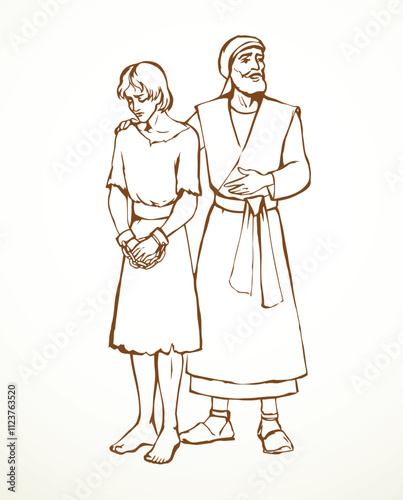 Vector drawing. Slave sold in the market