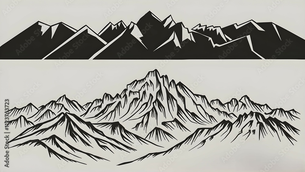 Fototapeta premium minimalist mountain silhouette in black, showcasing sharp peaks and serene landscapes, ideal for adventure designs, nature illustrations, and travel themes 