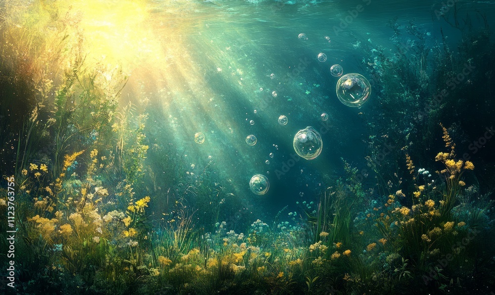 Fototapeta premium Ethereal View of Underwater Scene with Sunlight and Air Bubbles