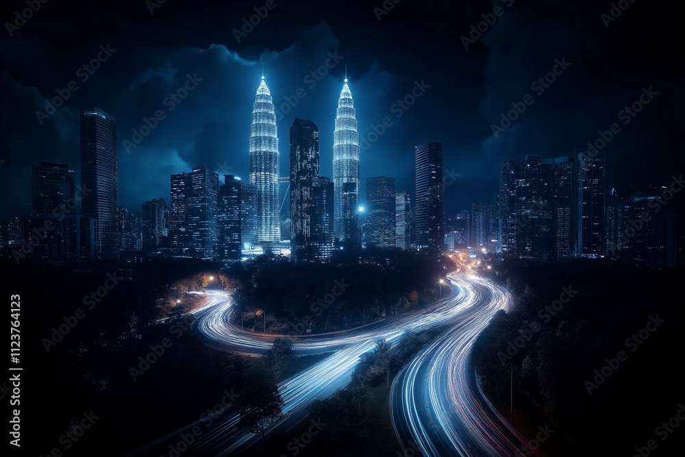 Obraz premium A city at night with a highway and two tall buildings