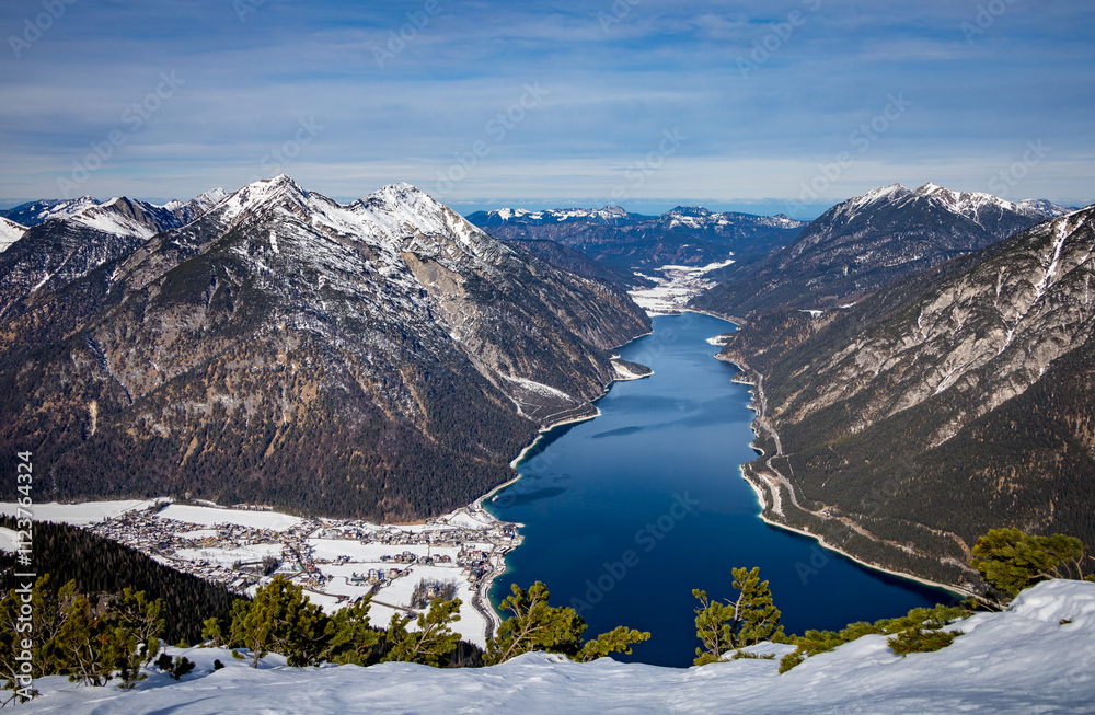 Panoramic view of Achensee between Rofan and Karwendel mountain ranges, Tyrol, Austria, Europe