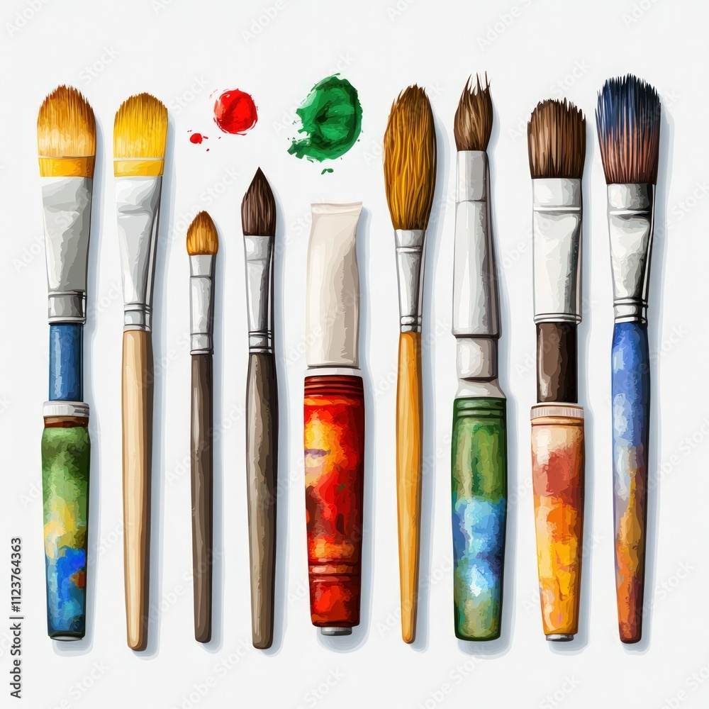 Fototapeta premium Assorted paintbrushes, paint, and tubes.