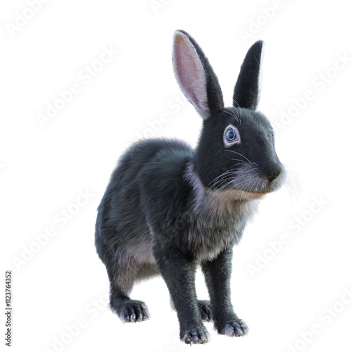 A wary black silver marten rabbit, three-quarter view. 3D illustration on isolated background. 