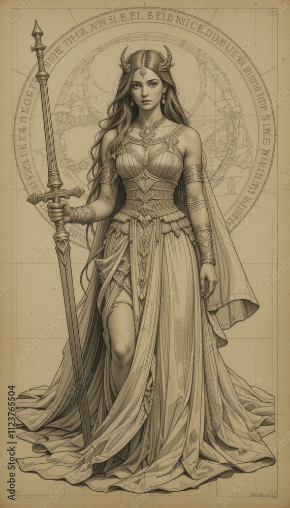 Obraz premium Majestic warrior queen standing guard in an enchanted forest realm at dawn