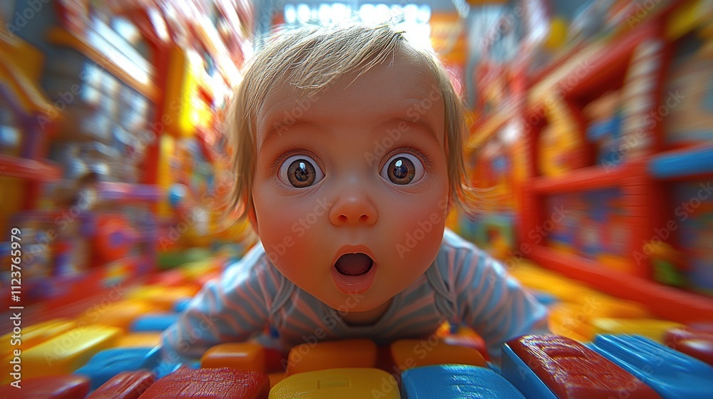 Fototapeta premium A surprised baby exploring a colorful playroom filled with toys.