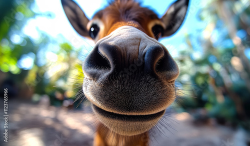 A close up of a donkey's nose with a bright blue sky in the background. The donkey's nose is slightly crooked and it is smiling