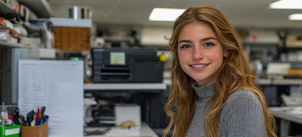 A young woman with long hair smiles cheerfully while sitting at her desk in a bright office filled with supplies and equipment A young woman with long hair smiles cheerfully while sitting at her desk in a bright office filled with supplies and equipment