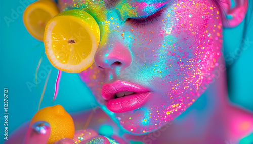 Vibrant expression of beauty with citrus and glowing colors in a joyful setting