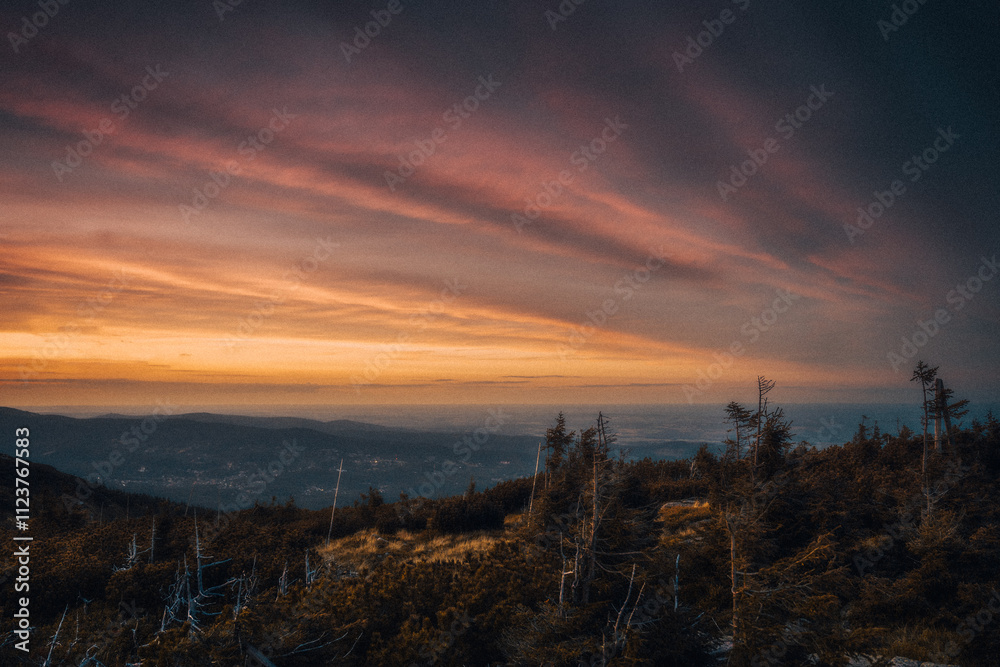 Obraz premium A beautiful sunset occurring over a hill with trees in the foreground
