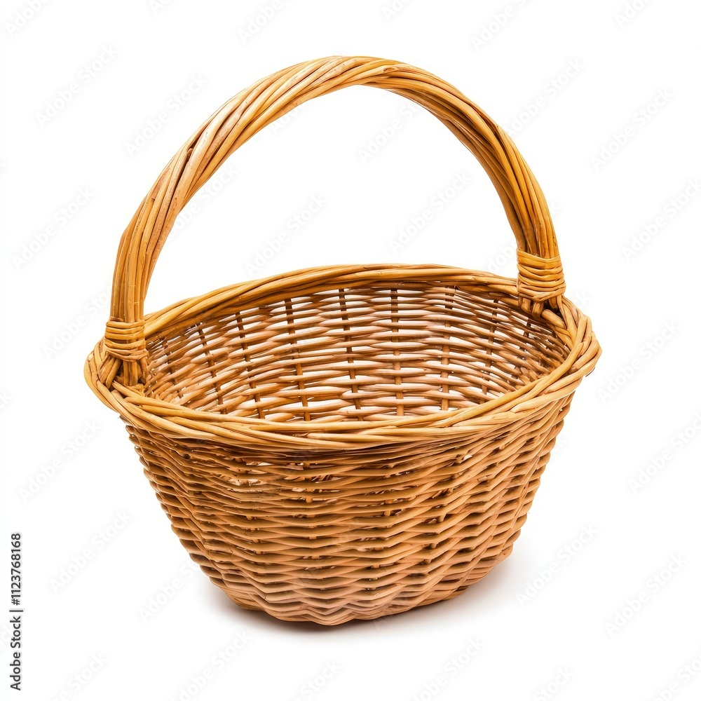 Obraz premium Empty wicker basket with a handle isolated on white background.