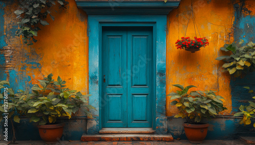 A blue door with a red flower hanging from it. The door is in front of a yellow wall