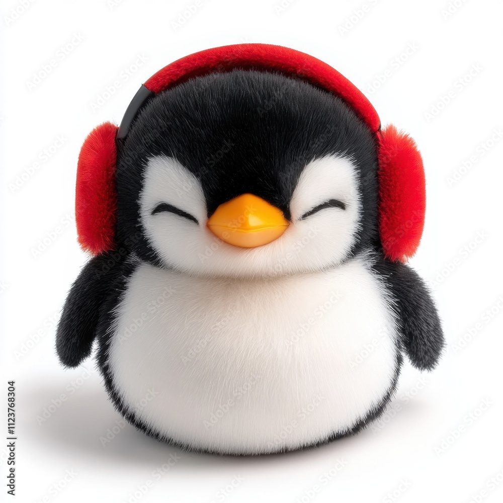 Fototapeta premium Adorable plush penguin toy wearing red earmuffs, smiling with closed eyes, isolated on white, AI