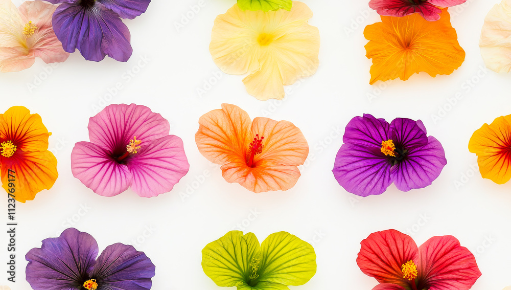 Obraz premium A row of colorful flowers with a white background. The flowers are of different colors and sizes. Concept of vibrancy and diversity