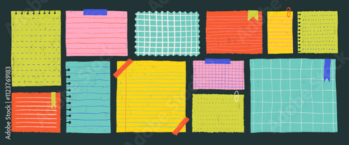 Note paper collection, to do list and stickers templates with tape. Crayon drawn sticker notes with grids and stripes. Torn paper, ripped pieces of paper for message label, collage, text box.