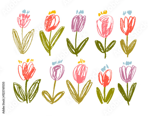 Colorful crayon drawn tulip flower collection. Hand drawn doodle flowers with stems and leaves.