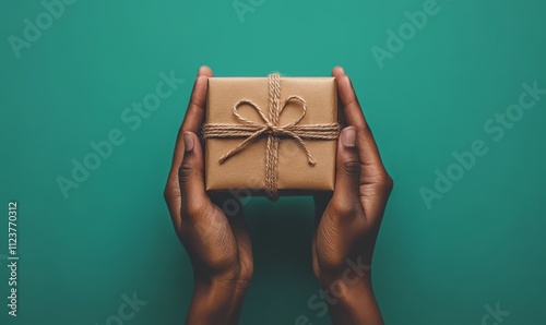 Hands presenting a neatly wrapped gift box with a natural string bow on a turquoise background, illustrating gift-giving and thoughtfulness