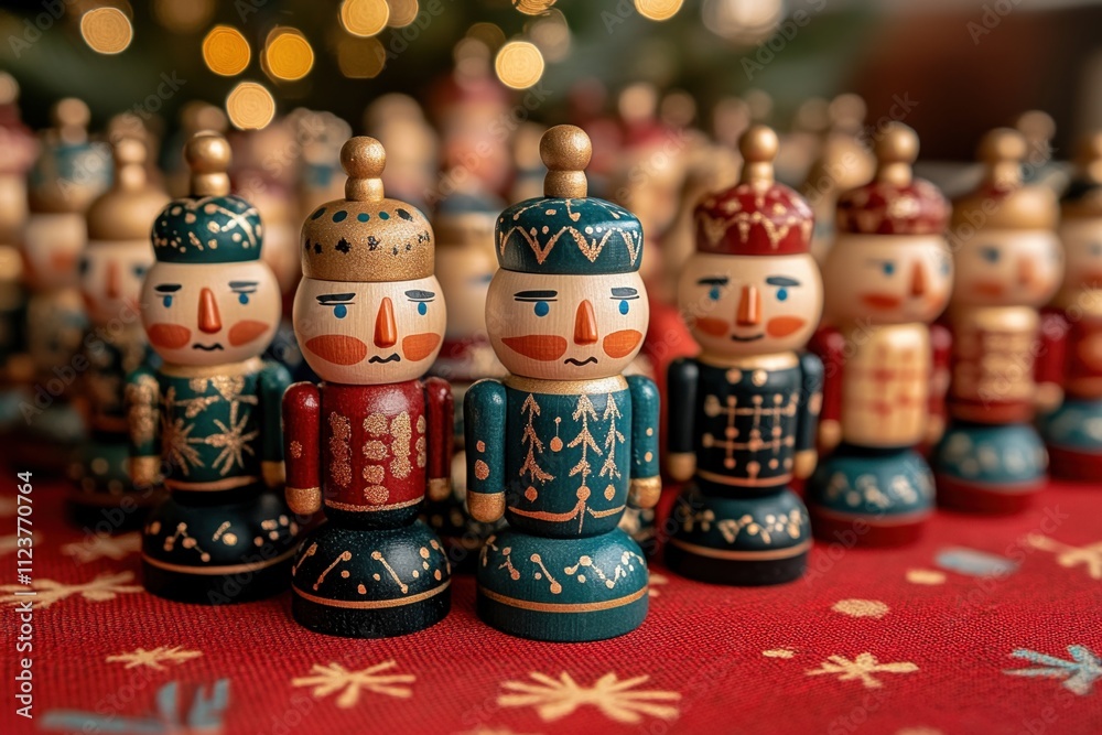 Fototapeta premium Festive Nutcracker Soldiers in Traditional Attire, Shining Brightly on Red Holiday Backdrop, Christmas Decoration Concept