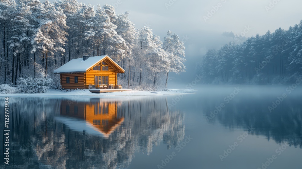 Obraz premium Serene wooden cabin perched on the edge of a frozen lake, encircled by frosty pine trees under a tranquil winter morning mist. Perfect for seasonal designs, travel brochures, and winter-themed