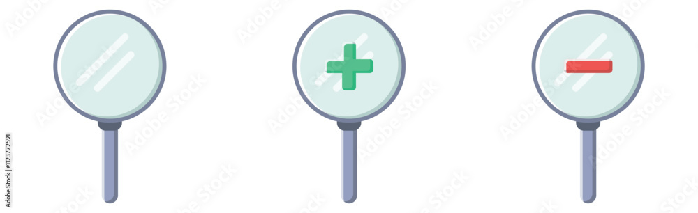 Obraz premium Zoom in zoom out flat icon set vector design illustration, magnifying glass vector, search design illustration. 