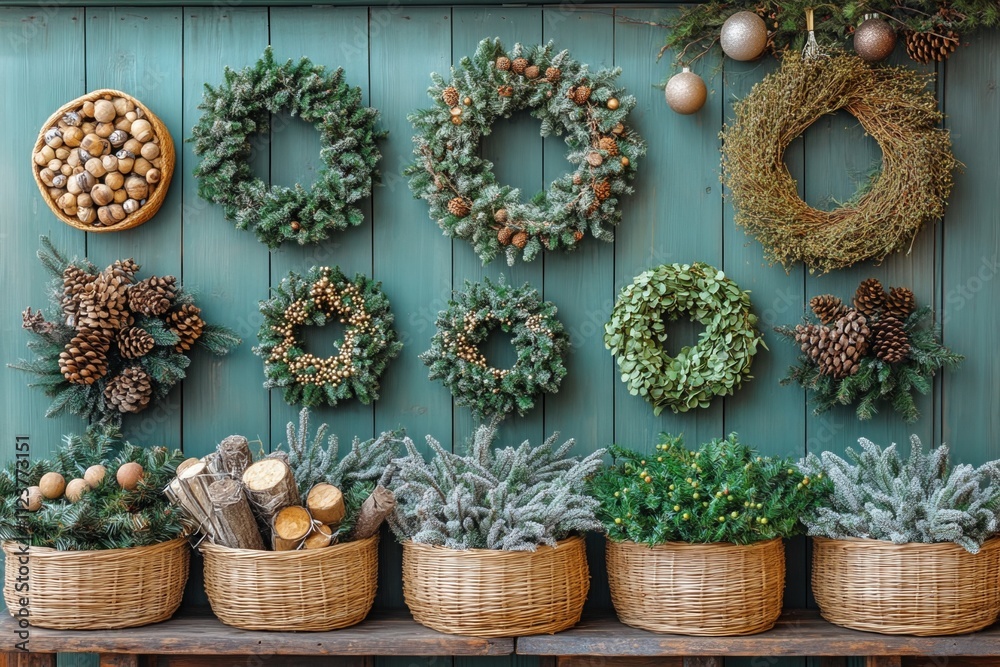 Fototapeta premium Seasonal wreath display with pine cones, greenery, and nuts on wooden wall for natural holiday decor concept