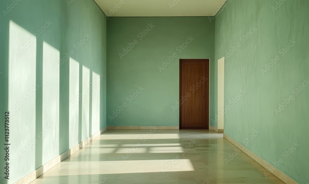 Fototapeta premium Long wall, mint-colored, light-colored floor, brown door.