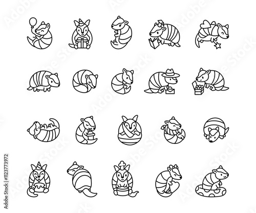 Adorable armadillo animal set featuring kawaii cartoon characters holding heart, celebrating birthday, reading book, eating snack, drinking, and showing charming poses