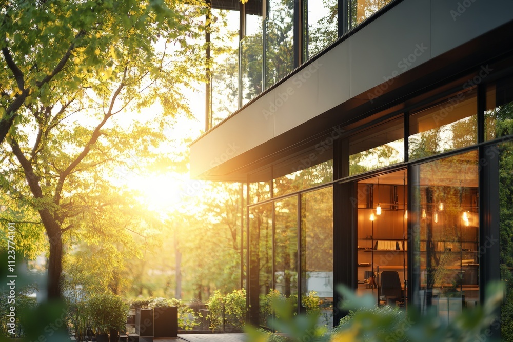 Fototapeta premium Modern office building surrounded by greenery at sunset creating a tranquil atmosphere for work and creativity