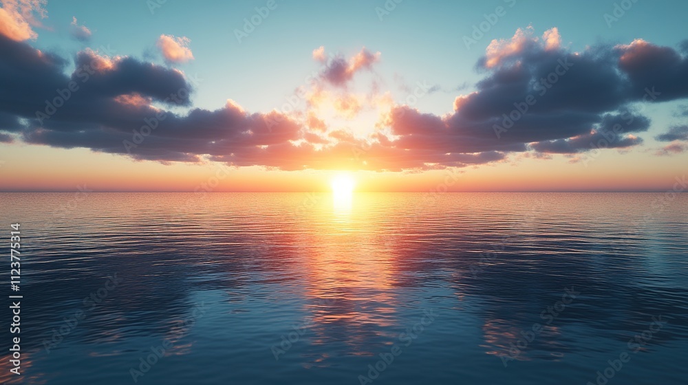 Obraz premium tranquil image of sunrise over calm lake with horizon glowing softly and surrounded by copy space
