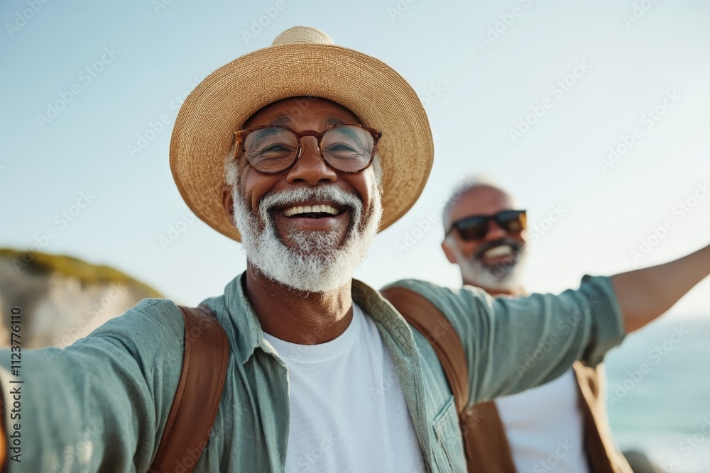 Fototapeta premium Happy men enjoying a sunny day at the beach while taking a selfie together with smiles and laughter
