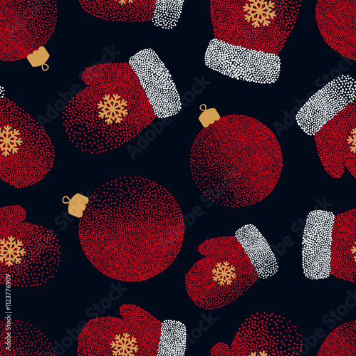 Christmas pattern with red mittens and christmas balls. Vector holiday seamless background