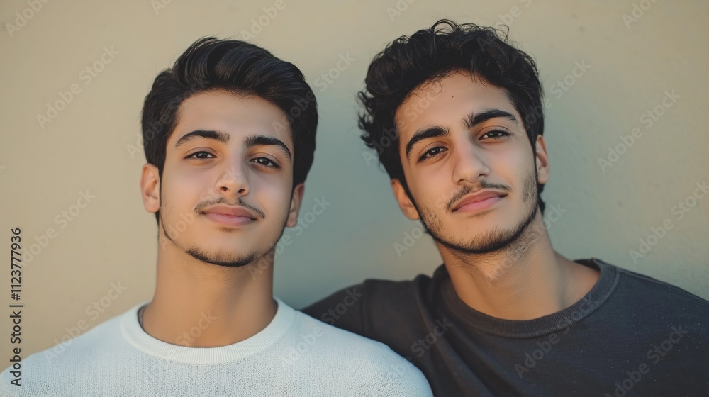 Fototapeta premium Two young men with similar facial features and haircuts are posing together, creating a sense of brotherhood and friendship, highlighted by their proximity and relaxed expressions
