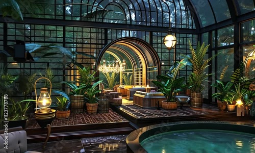 Victorian spa interior with ornate ironwork and hot tubs photo