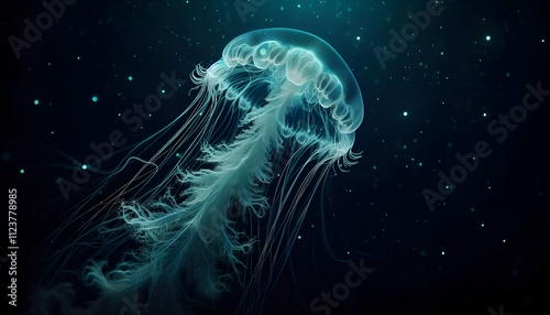 Illuminated Jellyfish Floating in Dark Underwater Environment photo