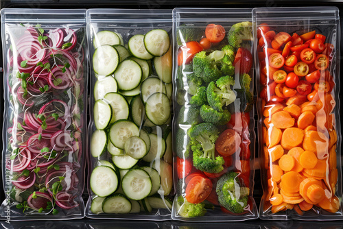 chopped vegetables, neatly packed in four plastic bags for vacuum storage.   photo