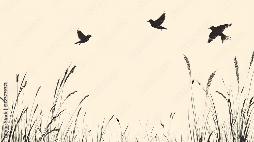 Obraz premium Silhouetted Birds Flying Over Tall Grass